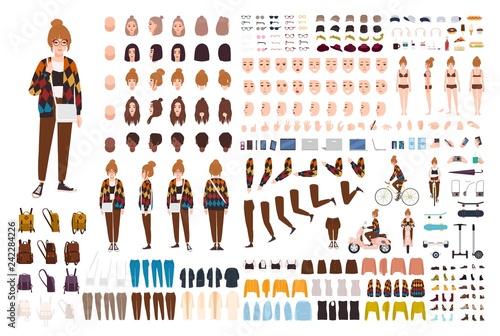 Young hipster girl animation set, generator or DIY kit. Bundle of body parts, trendy casual clothes, gestures, faces, poses. Female cartoon character. Front, side, back views. Vector illustration.