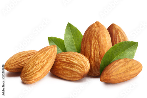 Almonds with leaves, isolated on white background