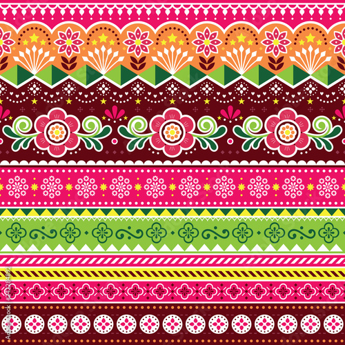 	
Pakistani truck art vector seamless pattern, Indian truck floral design with flowers, leaves and abstract shapes 