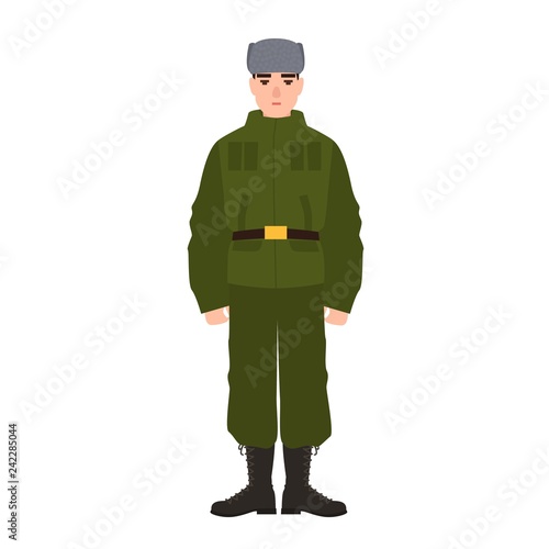 Military man of Russian armed force wearing army uniform and fur hat