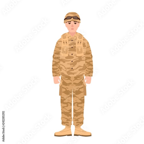Soldier of USA armed forces wearing combat uniform. Infantryman or serviceman in battledress isolated on white background. Male cartoon character. Colorful vector illustration in flat cartoon style.