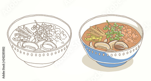 Asian cuisine. Rou Geng Noodle. Pork, bamboo and mushroom noodle soup. Food menu design soup with noodles, soup miso, seaweed. Vintage hand drawn sketch vector illustration. 