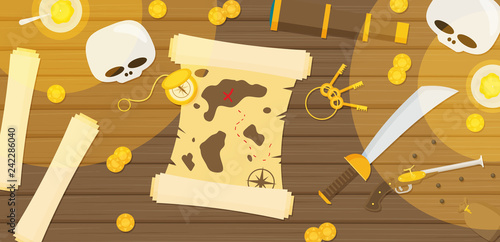 Pirate Icon Symbol Wood Table Background Concept. Flat Design Vector Illustration