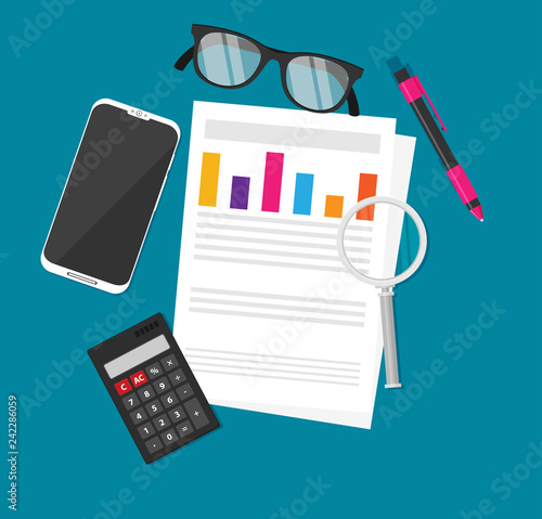 Auditor work desk, accounting paperwork, business research, financial audit, auditing tax process, report data analysis, analytics, financial research report, project desktop vector, color background