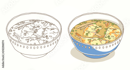 Asian cuisine. Wan tang. Mild broth with dumplings and vegetables Food menu design soup with noodles, soup miso, seaweed. Vintage hand drawn sketch vector illustration. 
