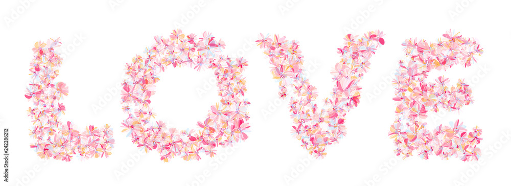 Word LOVE filled with light pinky coral flowers. Isolated fine detailed design element for advertising.