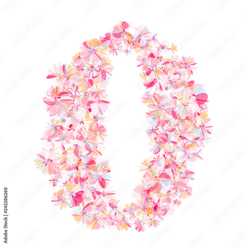 Number zero filled with flowers in pastel colors. Isolated fine detailed design element for advertising.