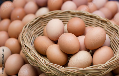 eggs is in basket in market.It is fresh.We can cook and eat for good healthy.