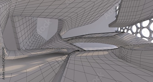 Abstract drawing white interior multilevel public space with window. 3D illustration and rendering.