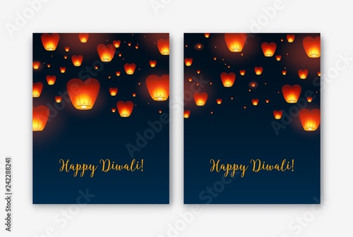 Bundle of flyer or poster templates with Kongming lanterns flying in evening sky. Colorful vector illustration for traditional Diwali, Yee Peng and Chinese mid autumn festivals, holiday celebration.