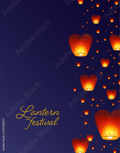Flyer, poster or invitation template with traditional Asian lanterns flying in night sky