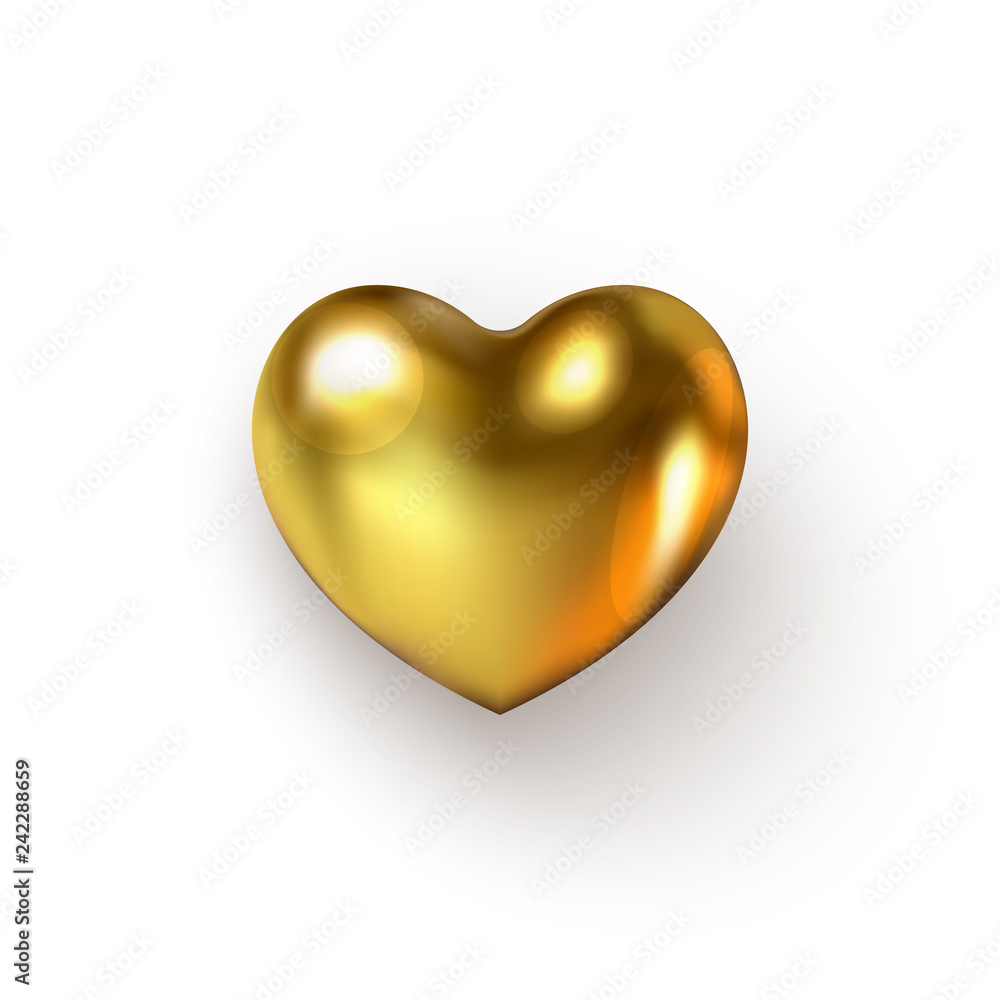 3D Realistic Golden Heart symbol with shadow. Glossy St Valentines holiday, Wedding, Happy Mother Day, Birthday web digital icon on white backdrop. 3D Realistic Golden Heart symbol with shadow. Glossy St Valentines holiday, Wedding, Happy Mother Day, Birthday web digital icon on white backdrop.