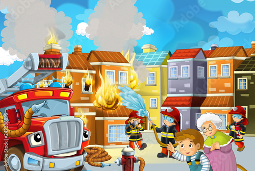 cartoon stage with fireman and fire truck near burning building colorful scene - illustration for children