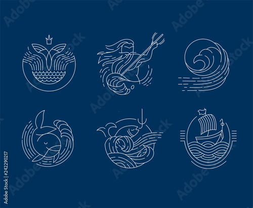 Vector icon and logo for sea or fish, asian food and seafood. Editable outline stroke size. Line flat contour, thin and linear design. Simple icons. Concept illustration. Sign, symbol, element.