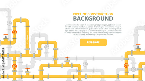 Industrial background with yellow pipeline. Oil, water or gas pipeline with fittings and valves. Web banner template. Vector illustration in a flat style.