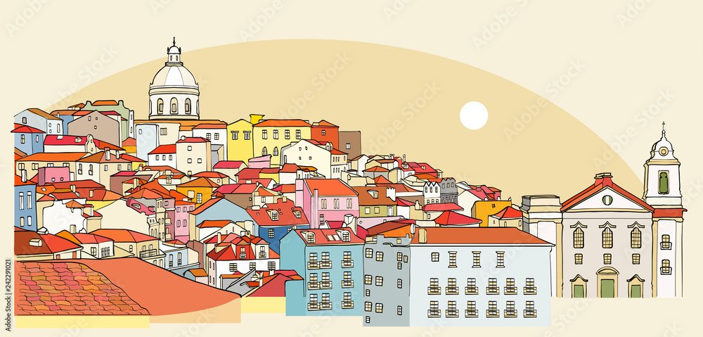 Lisbon cityscape view. Vector illustration