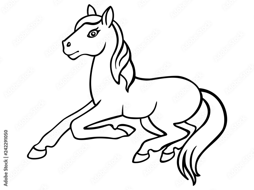 Foal. Little horse linear picture for coloring. Pony - coloring book for children and adults. outline Horse lying on the ground
