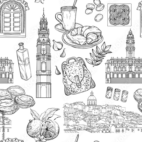 Seamless pattern with Portuguese landmarks.