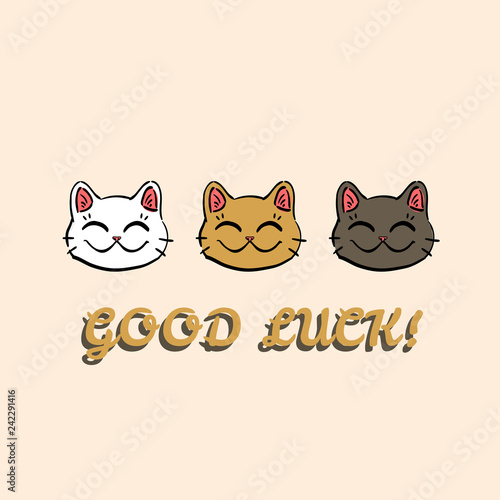 three lucky cats  and text