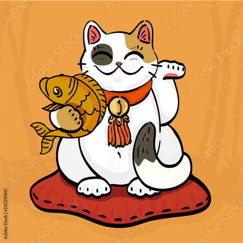 neko talisman cat beckoning wealth with golden fish