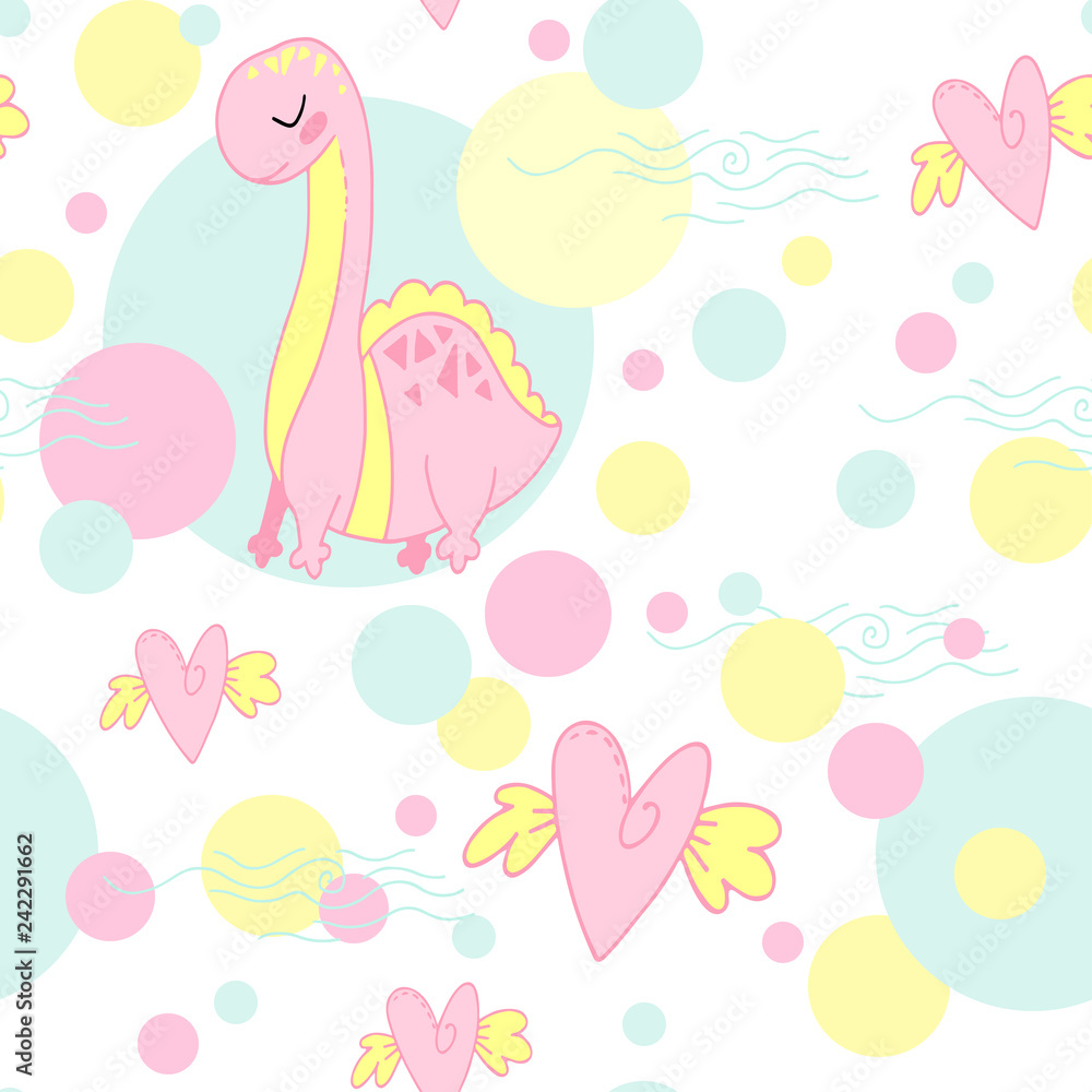 Cute vector seamless pattern with a cartoon pink dinosaur, hearts, polka dots
