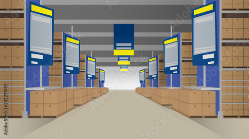 Warehouse with rows of shelves filled with closed boxes