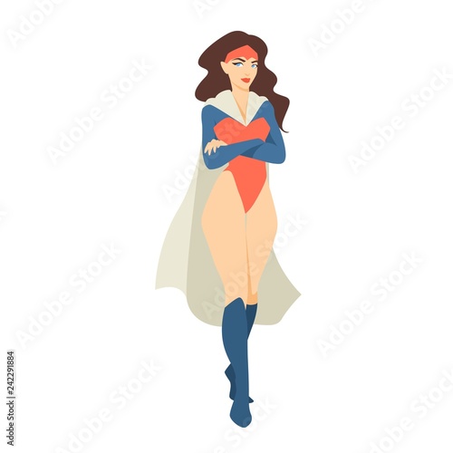 Female superhero or superheroine standing with crossed arms. Beautiful brunette woman wearing bodysuit and cape. Strong and powerful comic character. Colored vector illustration in flat cartoon style.