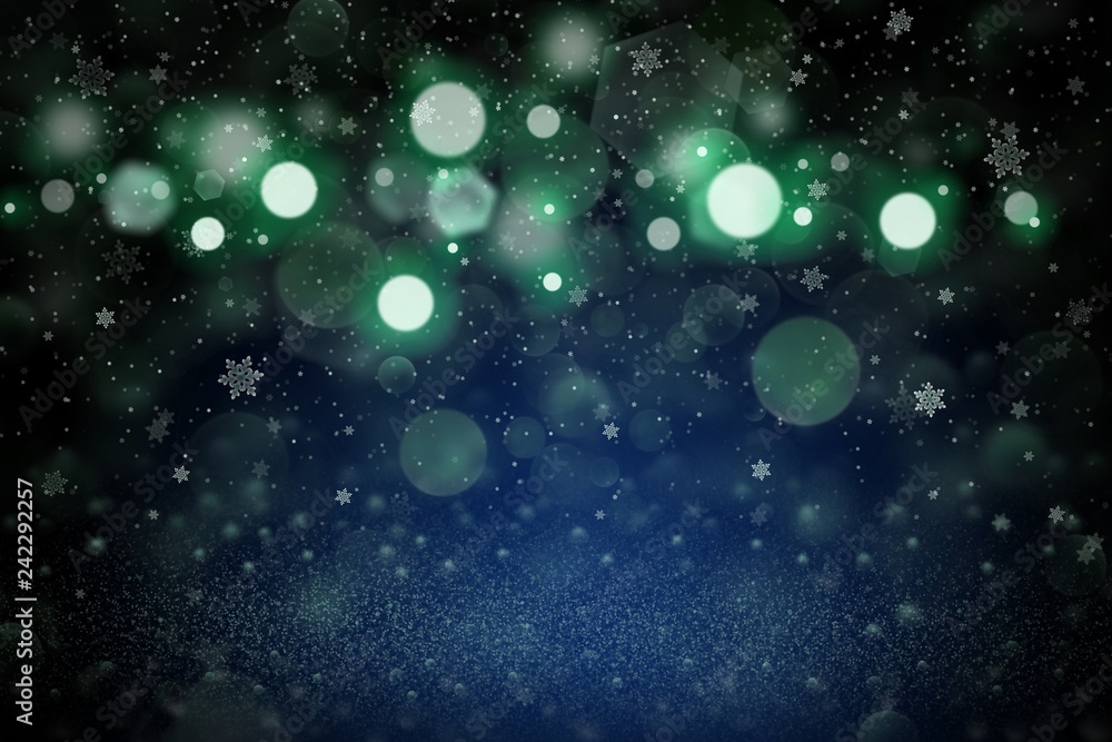 beautiful bright glitter lights defocused bokeh abstract background with falling snow flakes fly, festive mockup texture with blank space for your content