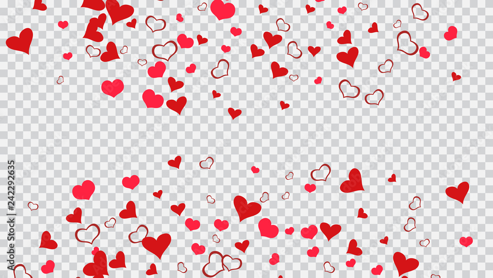 Red hearts of confetti are falling. Red on Transparent background Vector. Design element for wallpaper, textiles, packaging, printing, holiday invitation for birthday. Stylish background. Red hearts of confetti are falling. Red on Transparent background Vector. Design element for wallpaper, textiles, packaging, printing, holiday invitation for birthday. Stylish background.