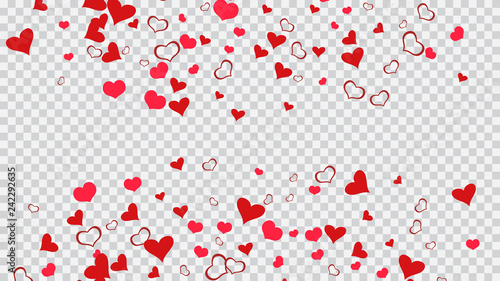Red hearts of confetti are falling. Red on Transparent background Vector. Design element for wallpaper, textiles, packaging, printing, holiday invitation for birthday. Stylish background.