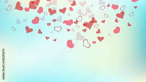Romantic background. The idea of wallpaper design, textiles, packaging, printing, holiday invitation for wedding. Red on Gradient fond Vector. Red hearts of confetti crumbled.