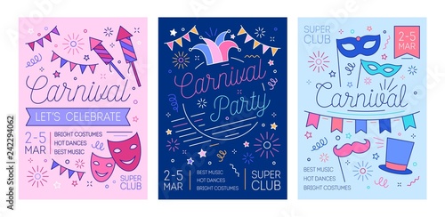 Bundle of placard, flyer or invitation templates for masquerade ball, carniva...