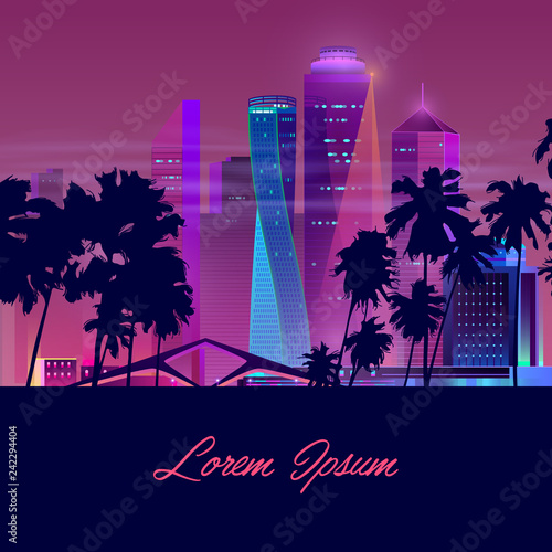 Vector template with dark palms and night city in neon, ultraviolet colors. Bright multistorey buildings, new architecture background. Skyscrapers with trees, urban concept. Modern megapolis backdrop.