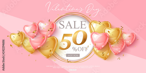 Valentines day sale design with pink and gold heart shape balloons. Vector shopping discount