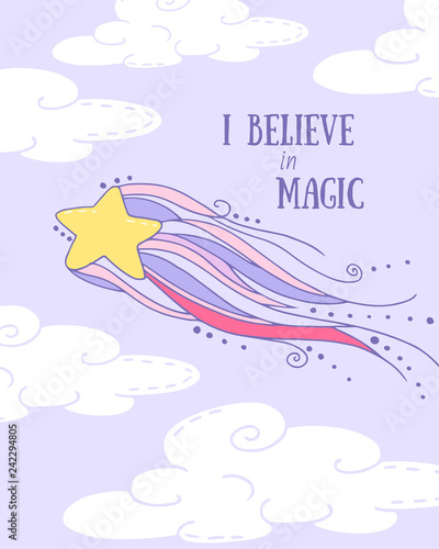 fantastic vector greeting card with a cartoon star rainbow on a background with white clouds
