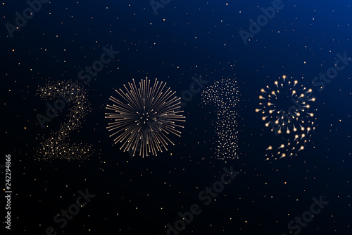 Firework 2019 New year concept on blue night sky background. Christmas card. Congratulations or invitation background. Vector illustration