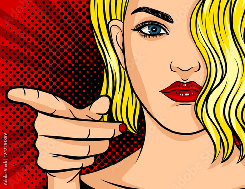 Colorful vector poster in pop art style. The girl points her finger at you. Beautiful young woman with red lips and blond hair shows gesture of choice. Girl points a finger forward