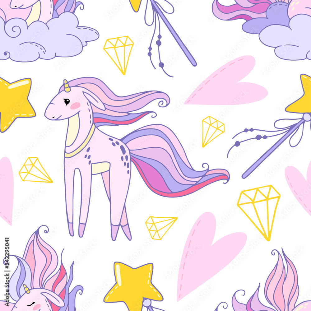 fairy tale vector seamless pattern with cartoon unicorn, heart, magic wand, diamond, cloud