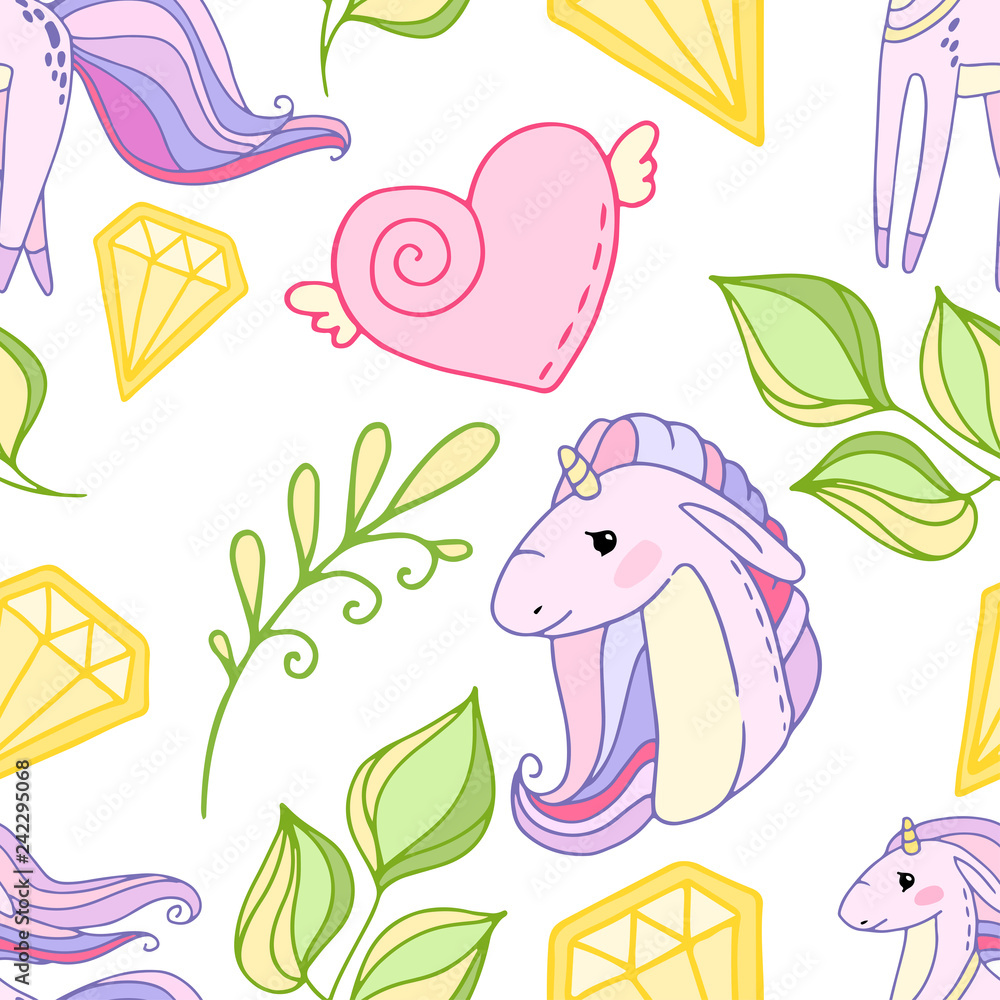 fairy tale vector seamless pattern with a cartoon unicorn, heart, magic wand, diamond, plants, leafs fairy tale vector seamless pattern with a cartoon unicorn, heart, magic wand, diamond, plants, leafs