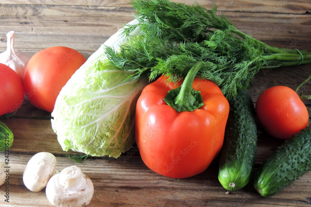 tomatoes, cucumbers, cabbage, peppers and mushrooms tomatoes, cucumbers, cabbage, peppers and mushrooms