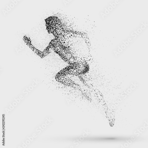 Black silhouette of running woman from particle divergent.