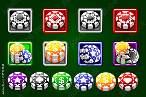 Casino chips vector isolated on green background. Casino game 3D chips. Online casino banner. Colored chips. Set gambling concept, poker mobile App icon.