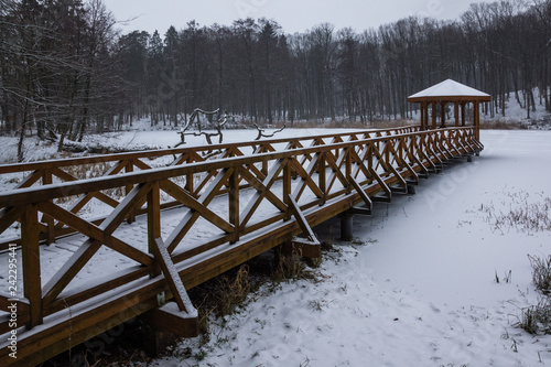 Wooden footbridge at winter in Gizycko, Masuria, Poland © Artur Bociarski