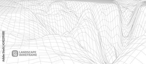 Abstract wireframe background. 3D grid technology illustration landscape. Digital Terrain Cyberspace in the Mountains with valleys. Data Array. | EPS10 Vector.