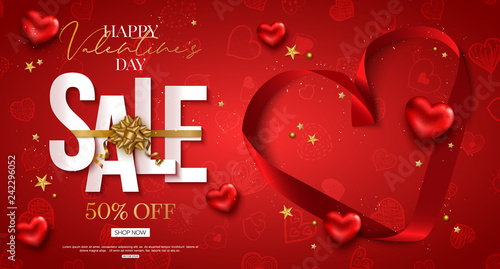 Valentines day sale design with red heart shape silk ribbon. Cut paper style. Vector shopping discount