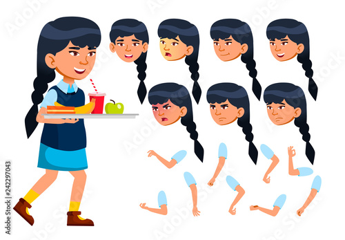 Asian Girl, Child, Kid, Teen Vector. Modern Uniform. Educational, Study. Face Emotions, Various Gestures. Animation Creation Set. Isolated Flat Cartoon Character Illustration