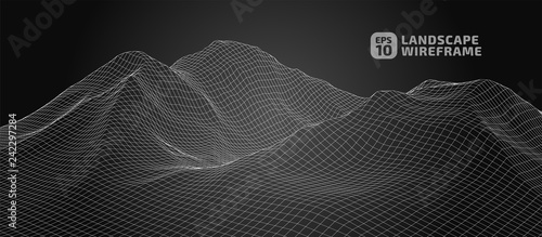 Abstract wireframe background. 3D grid technology illustration landscape. Digital Terrain Cyberspace in the Mountains with valleys. Data Array. | EPS10 Vector.