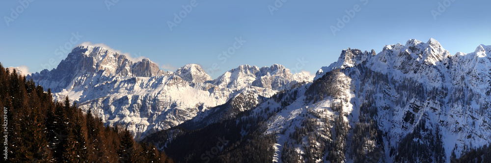 Civetta Group in the Italian Dolomites as seen from Passo Valles. Trentino Alto-Adige, Italy.