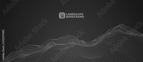 Abstract wireframe background. 3D grid technology illustration landscape. Digital Cyberspace in the Mountains with valleys. 