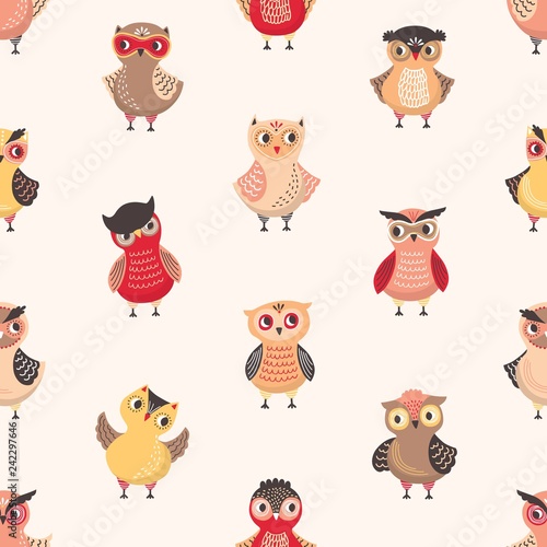 Childish seamless pattern with cute funny baby owls on light background. Back...